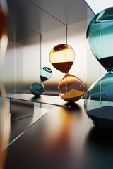Poster - Elegant Glass Hourglasses in a Modern Minimalist Setting with Soft Gradient Lighting