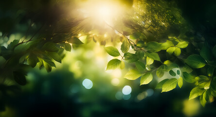 Canvas Print - sunlight streams through vibrant green leaves, creating a dreamy, bokeh-filled scene. soft natural b