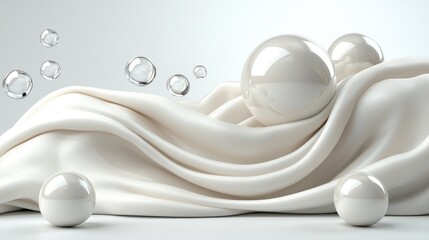 Poster - Elegant Draped White Fabric with Glossy Spheres and Bubbles
