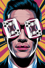 Poster - Stylish Man with Ace of Spades Glasses Against a Vibrant Pop Art Background