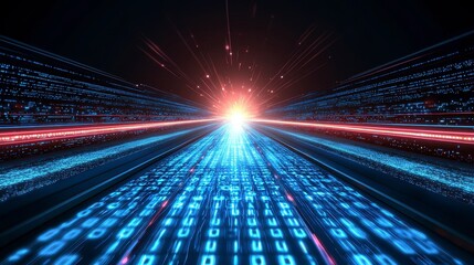 Poster - Futuristic Digital Landscape with Glowing Vectors and Binary Code in Neon Blue and Red