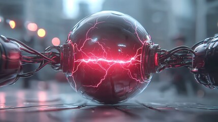 Aufkleber - Futuristic Energy Sphere Surrounded by Metallic Cables in a Dimly Lit Urban Environment