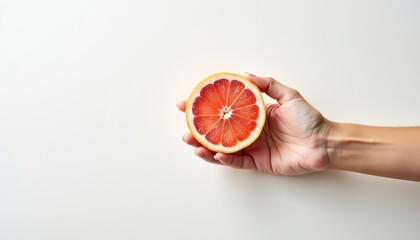 Poster - Hand gently pressing grapefruit half on clean white background