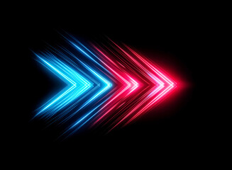 Poster - Glowing arrow of blue and red light trails on black. Dynamic, futuristic style, conveying speed and direction.