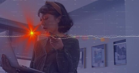 Poster - In modern office, woman using laptop with animation of digital data visualization