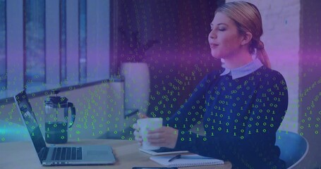 Poster - Woman enjoying coffee at office with binary code animation overlay