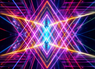 Poster - Vibrant neon lines form a symmetrical geometric pattern against a dark background.  Bright light emanates from the center, creating a dazzling and futuristic effect.