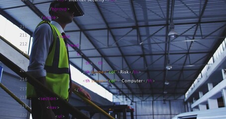 Poster - Person in warehouse using VR headset with coding animation overlay