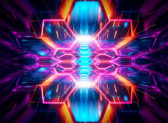 Poster - vibrant neon geometric shapes in blue, purple, and orange create a futuristic tunnel effect. symmetr