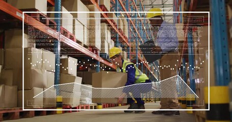 Poster - Handling boxes in warehouse, workers with data processing animation overlay