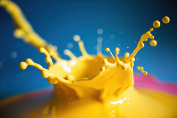 Poster - Dynamic Splash of Bright Yellow Paint Against a Vivid Blue Background