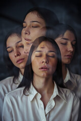 Poster - Emotional Reflection: Young Woman with Closed Eyes in a Dreamlike Overlay of Faces