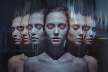 Poster - Serene Multiplicity of a Woman's Portrait with Ethereal Lighting and Soft Color Gradient