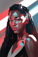 Poster - Stunning Portrait of a Young Woman with Glossy Skin and Striking Red and Blue Lighting Effects