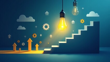 Poster - a creative illustration depicting a staircase leading upwards, illuminated by light bulbs and abstract icons