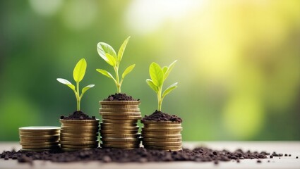 Poster - growing plants sprout from coins in stacks, symbolizing investment and financial growth. the background is nature