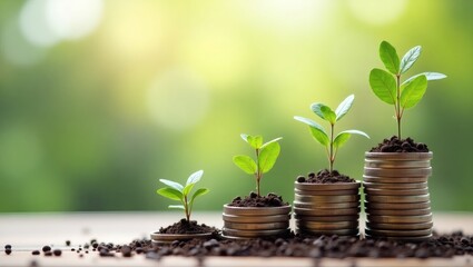 Poster - a concept of financial growth. The image shows small plants growing on stacks of coins, representing the idea of investment and increasing wealth