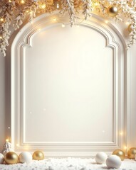 Poster - a decorative Christmas display featuring a classic arched mirror, adorned with festive ornaments and lights