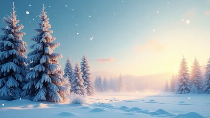 Poster - a serene winter landscape featuring snow-covered fir trees and gently falling snowflakes, with a warm, golden light in the distance