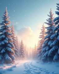 Aufkleber - a snowy trail through a winter forest, trees are covered in snow, casting long shadows and creating a serene atmosphere. The scene evokes a sense of peace, tranquility.