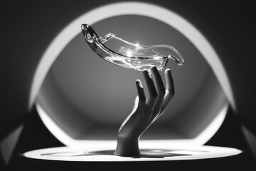 Poster - Elegant Glass Sculpture Held by a Monochrome Hand in a Sophisticated Display