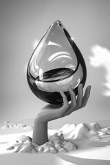 Poster - Elegant Glass Water Droplet Held by a Sculpted Hand Surrounded by a White Background