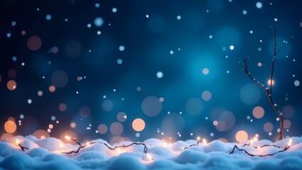 Poster - a dreamy night scene with glowing lights in the snow, creating a festive and magical atmosphere. The scene is set against a dark blue backdrop with falling snowflakes