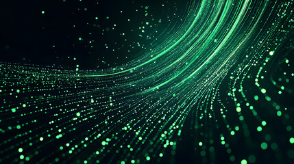 Fototapete - Abstract Green Data Stream with Sparkling Particles and Flowing Lines