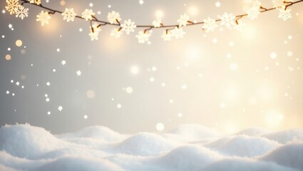 Poster - a festive winter wonderland scene with snowflakes and decorative lights, snow covered ground creating a magical atmosphere. The image captures the beauty of the holiday season