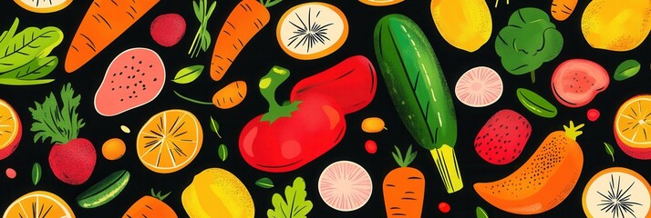 Aufkleber - Bright and colorful seamless pattern featuring fresh vegetables and fruits in modern flat style for design and illustration projects