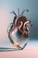 Poster - Artistic Render of a Glass Heart Sculpture with Visible Vessels and Soft Gradient Background