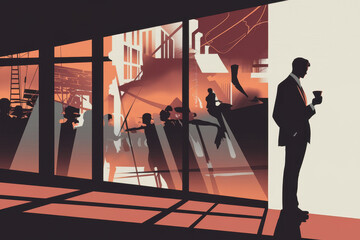 Poster - Silhouetted Businessman Holding a Drink Against a Vibrant Abstract Background in Warm Earth Tones