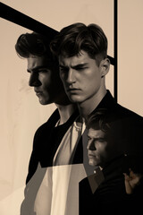Poster - Contemplative Young Man in Monochrome Abstract Composition with Overlapping Shadows