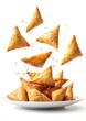 © ANUAR - Crispy Golden Samosas in Mid-Air with Falling Seeds on a White Background for Culinary and Food Photography