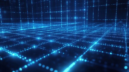 Poster - Abstract Neon Blue Grid Pattern with Glowing Dots and Lines