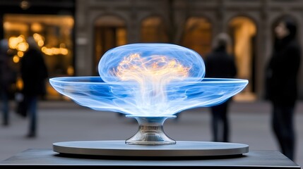 Poster - Glowing Blue Energy Orb in Futuristic Bowl, City Background
