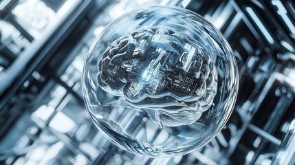 Poster - Transparent AI Brain Encased in Glass Sphere with Digital Elements