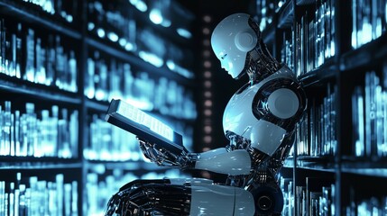 Poster - Hyper-Realistic AI Robot Reading in a Modern Library Setting