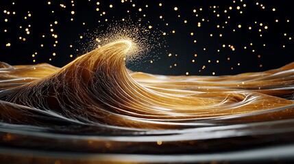 Poster - Golden Liquid Wave Splashes in Dark Background with Glittering Particles