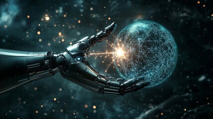 Poster - Sleek Robotic Hand Touching Glowing Sphere with Cosmic Background
