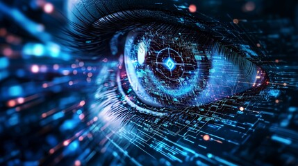 Poster - Cybernetic Eye Scanning Vast Digital Landscape with Futuristic Elements