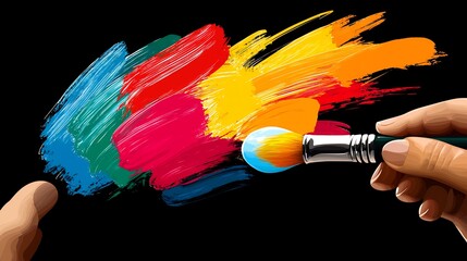Poster - Hands Painting Vibrant Colorful Strokes on Black Background