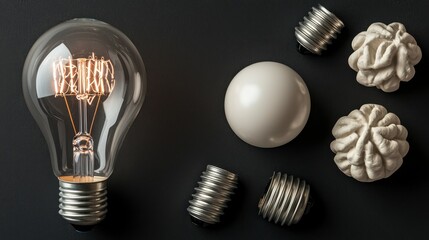 Poster - Illuminated Lightbulb and White Spheres on Dark Background