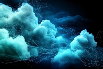 Poster - Luminous Teal Clouds and Glowing Particles in Dark Night Sky