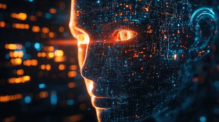 Fototapete - Futuristic Human Face with Digital Elements and Glowing Lines