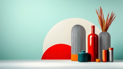 Poster - Modern Still Life Composition of Colorful Vases with Dried Flowers on Soft Background