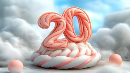 Poster - Pink and White Candy Number Twenty on Fluffy Clouds