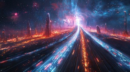Poster - Futuristic Cosmic Highway with Glowing Stars and Colorful Nebulae