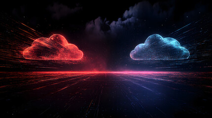 Fototapete - Digital Cloud Data Transmission with Red and Blue Clouds at Night