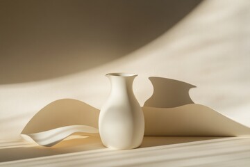Fototapete - A white vase with abstract paper shapes and sunlight